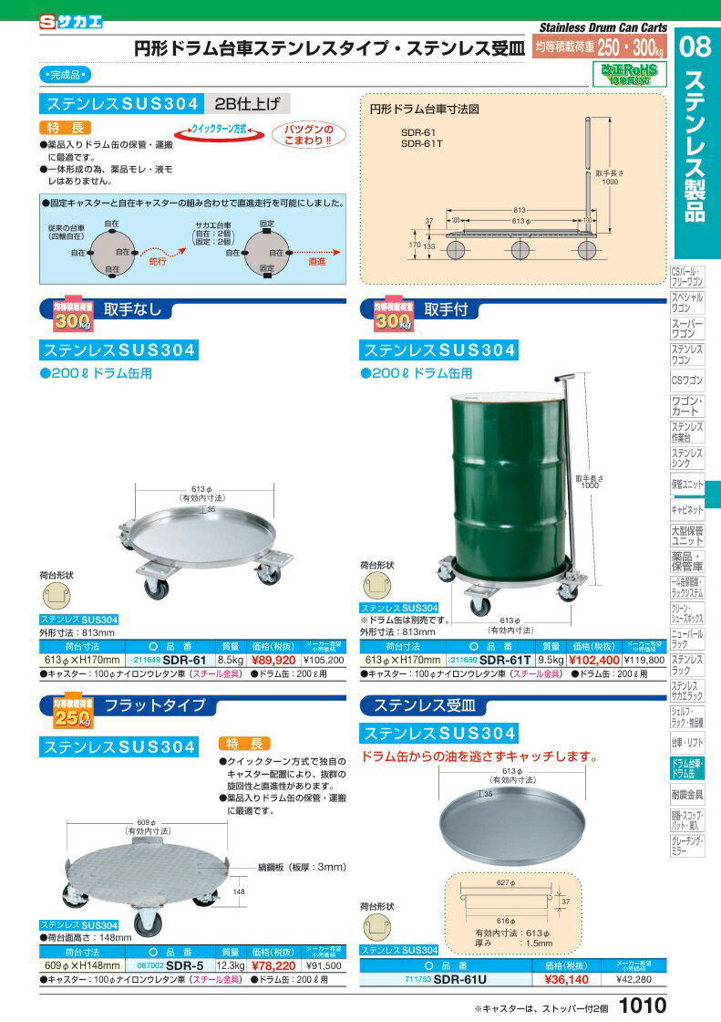 【ポイント5倍】【直送品】 サカエ ステンレス円形ドラム台車(フラットタイプ) SDR-5 (087002) 2