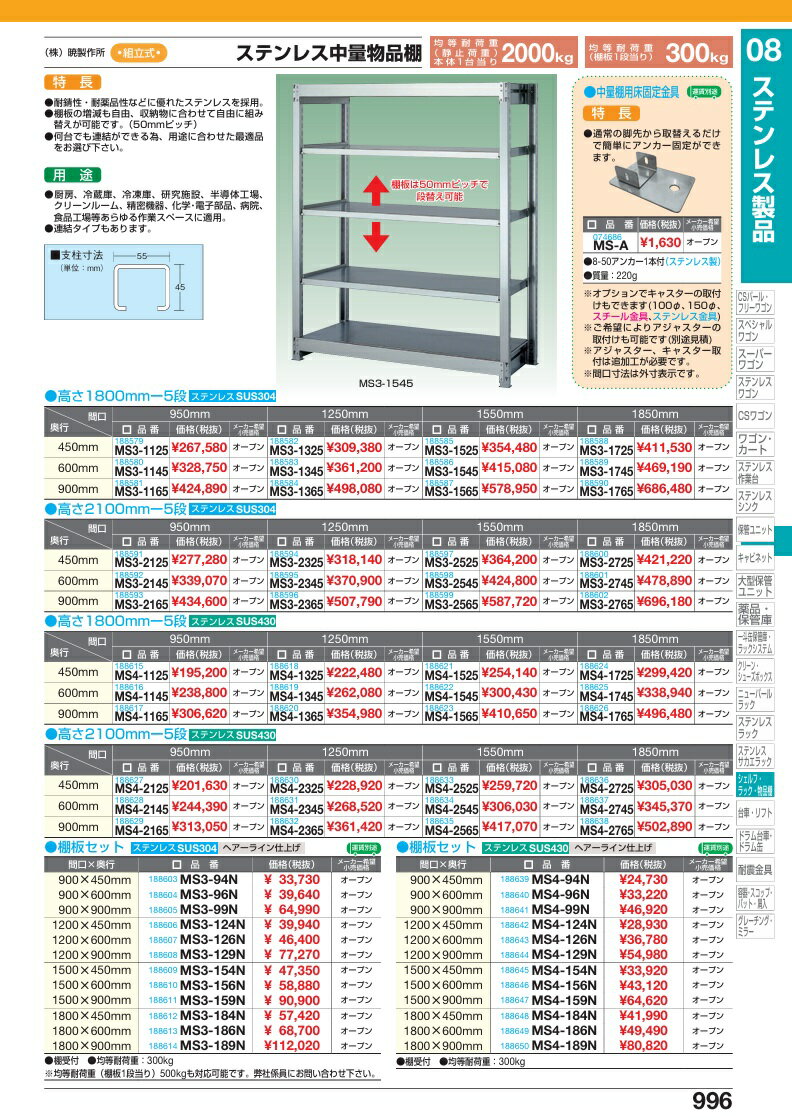 【ポイント5倍】【直送品】 サカエ ステンレス中量物品棚 MS4-2325 (188630) 【特大・送料別】