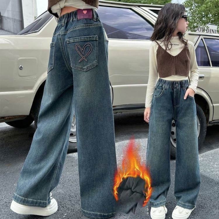 【送料無料】デニムパンツ キッズ 裏起毛 女の子 デニム ジーンズ 通学着 ゆったり 裏起毛 秋 お出かけ ワイドパンツ 長ズボン ボ デニムワイドパンツ カジュアル 防寒 子供パンツ 春 ストレートパンツ 冬 120 130 140 150 160