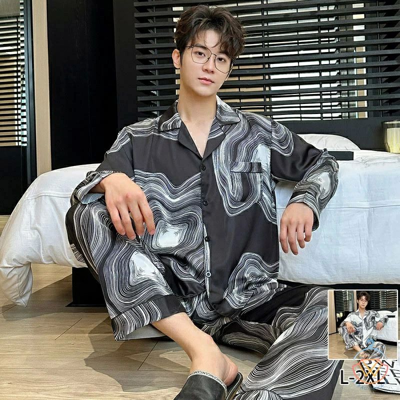 Rakuten - 【送料無料】パジャマ シルク メンズ シルクパジャマ 上下セット 長袖 シャツ ロング パンツ セットアップ ルームウェア 高品質 快眠 快適 美肌 敏感肌 吸湿 速乾 抗菌 消臭 入院 部屋着 寝間着 洗える 年中着用 プレゼント