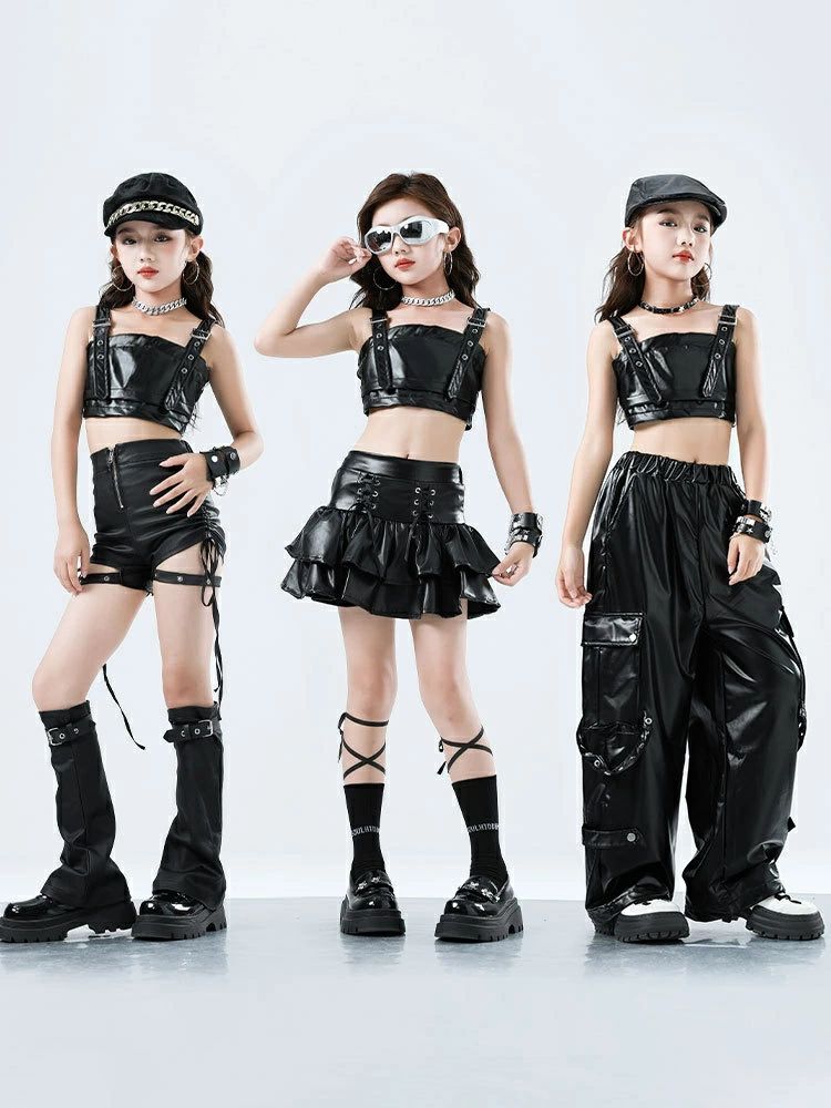 Rakuten - ダンス衣装 キッズ レザー ダンス セットアップ ブラック キャミーソル 女の子 ダンス レザースカート ガールズ ダンスウェア 団体服 発表会 応援団 イベント カッコイイ jazz HIPHOP K-POP ユニーク 110-180