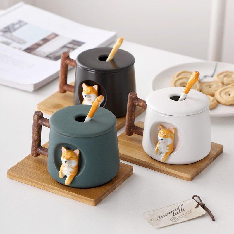 Rakuten - マグカップ犬北欧大きい保温かわいいおしゃれ陶器フタ付き蓋付きマドラー付きイヌコップおもしろギフトプレゼント誕生日記念日420ml