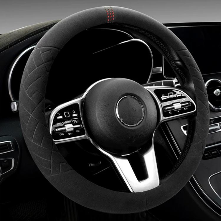 Rakuten - 自動車スエードハンドルカバー 滑り止めプロテクター D型 O型 ユニバーサル自動車アクセサリー 通気性 14.5~15インチのフィット 自動車スエードハンドルカバー 内装パーツ 38CM 保護