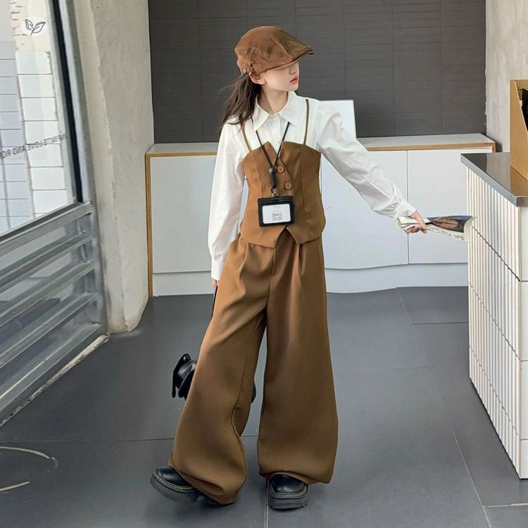Rakuten - 重ね着 女の子 パンツスーツ 卒業式 スーツセット 子供服 セットアップ キッズ フォーマル 入学式 発表会 結婚式 七五三 秋服 長袖 ベスト ワイドパンツ かっこいい 韓国風 フェイクレイヤード おしゃれ 上下セット ジュニア 中大児 小学生 中学生 6年生 卒園式 入園式
