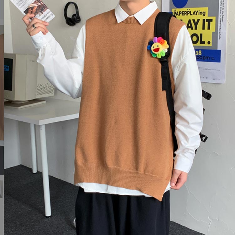 Rakuten - 男女兼用 プルーオーバー スリット入り レイヤード ベスト レディース ニット 無地 ニットベスト チョッキ ゆったり 冬 トップス ユニセックス 韓国風 春 秋