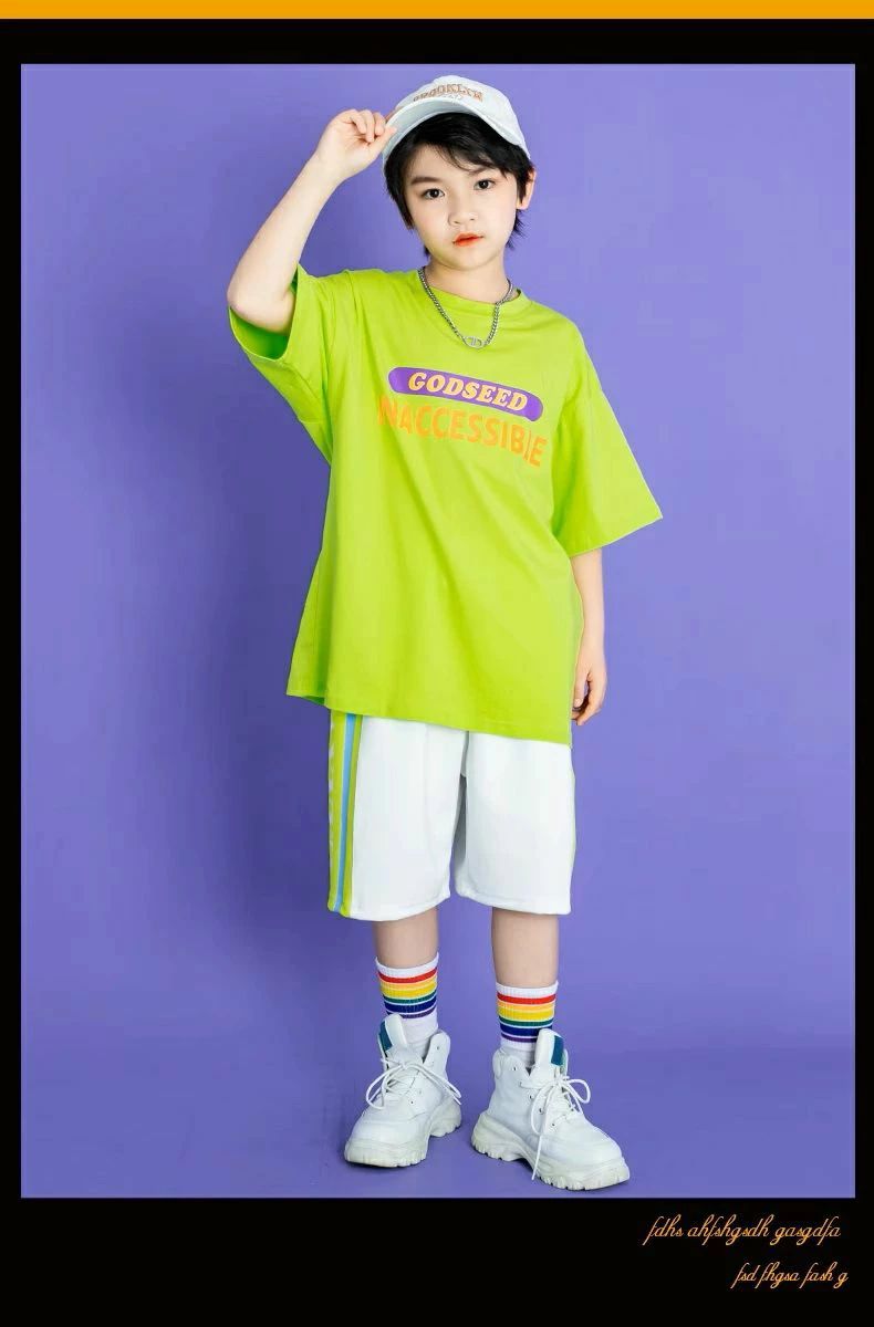 Rakuten - 衣装 Tシャツ トップス ヒップホップ 衣装 ダンス衣装 キッズ HIPHOP ファッション 男の子 ガールズ K-POP 韓国 黄緑 紫 白 緑 オレンジ 水色 ピンク