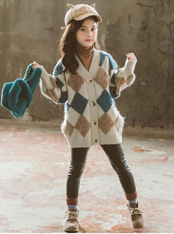 ニット カーディガン 女の子 キッズ 子供用 ガールズ 幾何学柄 コーディガン 春服 長袖 秋服 冬服 アーガイル 前開き ニットセーター 暖かい 子供コート 子供服 セーター ヘチマ襟 羽織り 体型カバー トップス ジュニア アウター 秋冬
