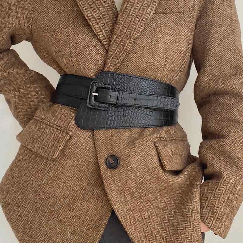 サッシュベルト レディース ブラック フェイクレザー クロコダイル柄 幅広 ウエストマーク ピンバックル レトロ クラシック エスニック ワンピース スーツスタイル