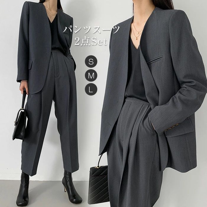 Pants Suit - スーツ レディース セットアップ フォーマルスーツ パンツスーツ セレモニースーツ ビジネススーツ 大きいサイズ ノーカラー ジャケット パンツ セット 上品 入学式 入園式 卒業式 卒園式 ママ フォーマル 七五三 母 コーデ 体型カバー 結婚式