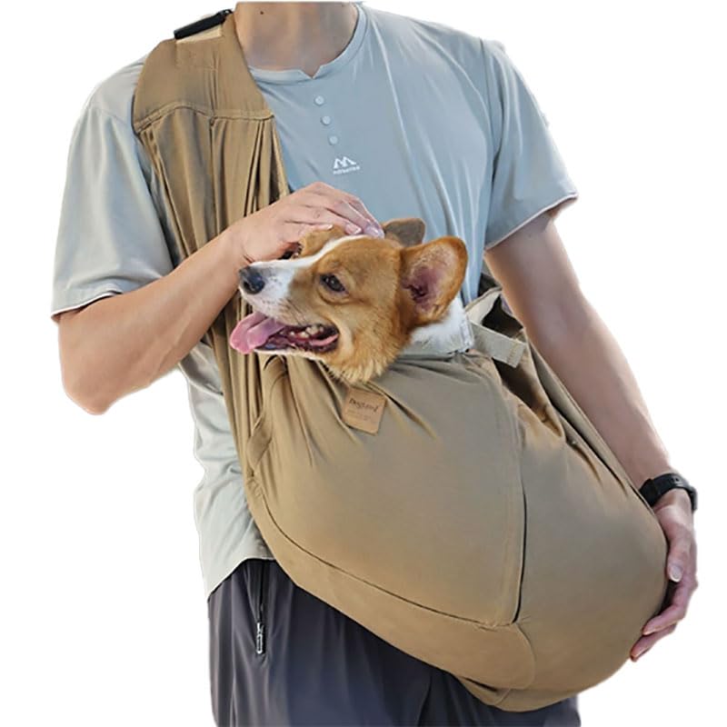 商品名：中型犬対応ペットスリングバッグ素材：キャンバス地（綿）対象：大きめの小型〜中型犬（柴犬・コーギー・フレブルなど）特徴：飛び出し防止紐付き / 肩バックル / 前面ジップ開閉使用シーン：通院 / 電車移動 / カフェ / お散歩