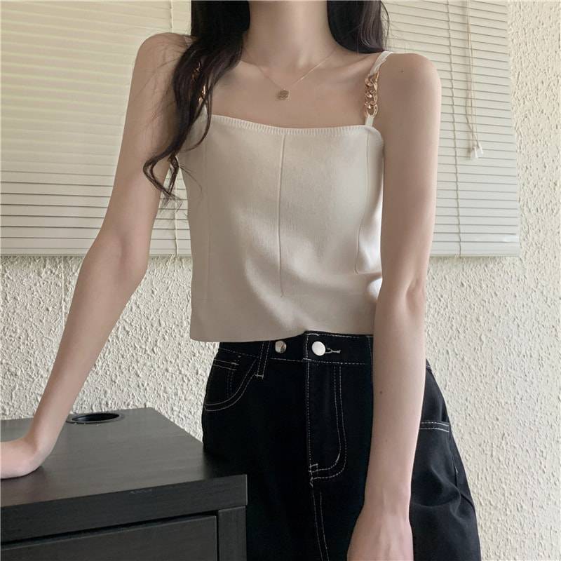 Room Wear - キャミソール レディース ニット トップス チェーンストラップ スリム フィット スクエアネック リブニット 無地 おしゃれ インナー 重ね着 春 夏 秋