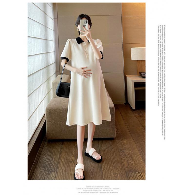 Occidental Goods - ワンピース マタニティ 妊婦服 夏 サマー 無地 ポロ襟 九分袖 ゆったり ルーズ 大きいサイズ ビッグサイズ おしゃれ カジュアル ポリエステル アシンメトリー ミモレ丈