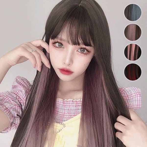 Rakuten - ウィッグ フルウィッグ インナーカラー メッシュ ストレート ロング ロングウィッグ ブラウン ブラック レッド ピンク ブルー 前髪あり 原宿風 ふんわり前髪 ぱっつん前髪 茶髪 コスプレ 可愛い コスチューム 仮装 大人用 普段使い 文化祭 イベント