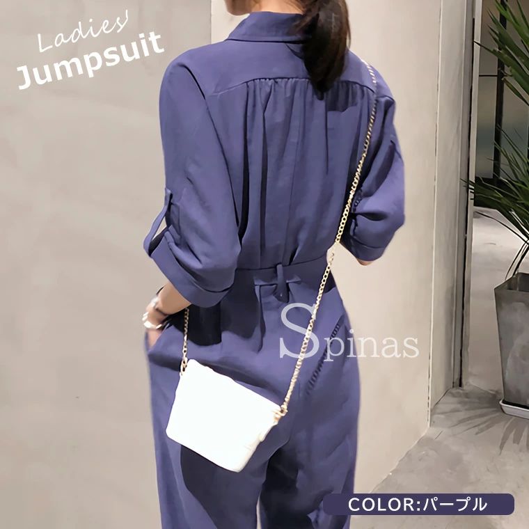 DOUX & FLEURETTEのジャンプスーツ オールインワン 半袖 レディース ボ コンビネゾン ロールアップ袖 ハーフスリーブ ストレート 襟 ベルト付き つなぎ 大人 エレガント 全6色｜アングル3