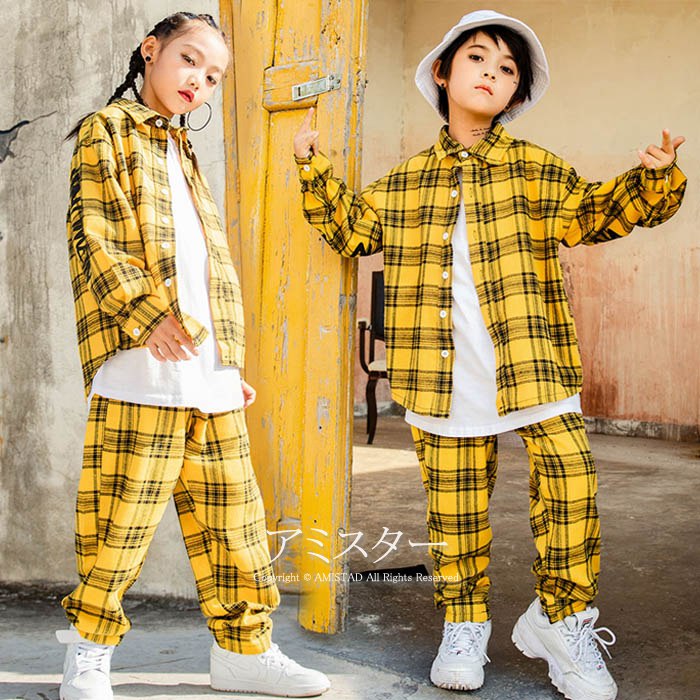 Rakuten - チェック柄 パンツ シャツ 長袖 イエロー ダンス衣装 ヒップホップ 韓国風 かっこいい ロングズボン ガールズ hiphop 男の子 ジャケット 原宿系 チェックパンツ ジャズダンス衣装 練習着 体操服 原宿系 ステージ衣装 黄