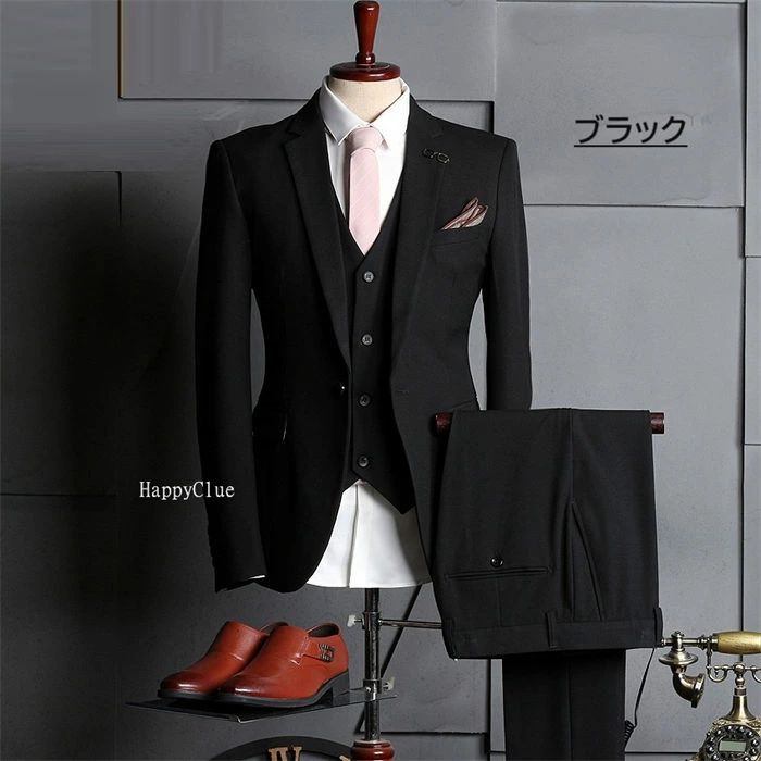 DOUX & FLEURETTEの3ピーススーツ メンズスーツ 男性 紳士服 スリーピース フォーマル スリムスーツ ビジネススーツ 就職活動 通勤 オフィス おしゃれスーツ メンズスーツ タキシード パンツスーツ 発表会 オールシーズン 結婚式 二次会 卒業式 入学式 前撮り 大きいサイズ グレーブラック 黒｜アングル2