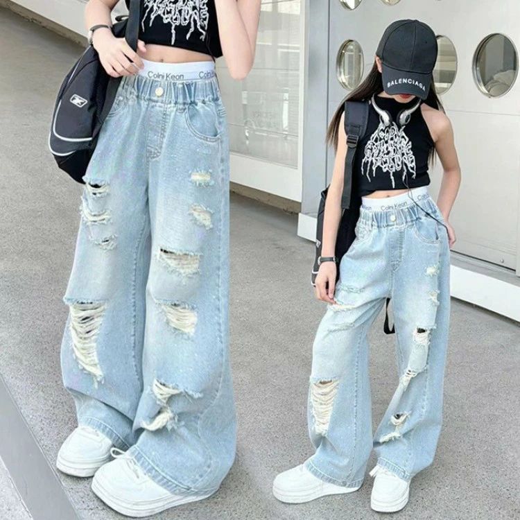 Long-Trousers, Trousers - 女の子デニムパンツ子供服長ズボンダメージ加工ジーンズボキッズおしゃれブルーダメージデニムロングパンツ子ども服110cm140c130cm120cm