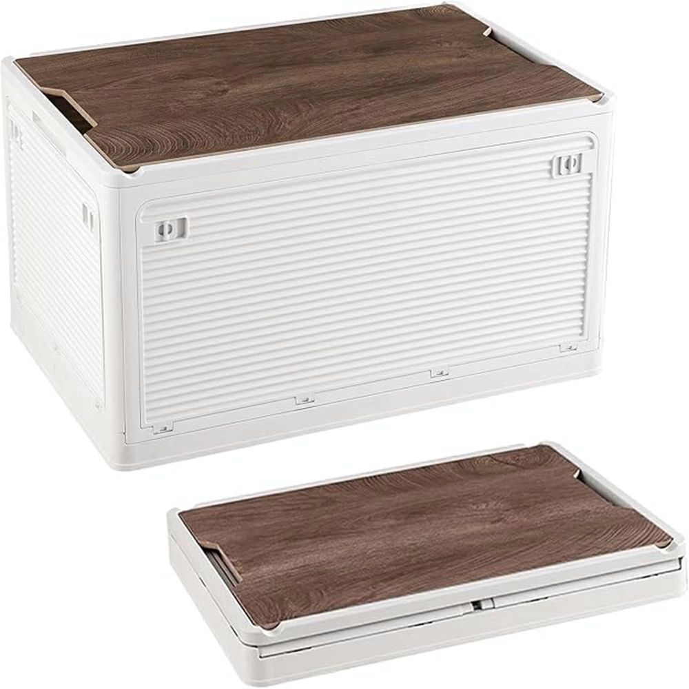 収納ボックス 折り畳み 全方向から取り出せる 木製の蓋付き アウトドア キャンプ 折りたたみ コンテナ ボックス キャスター付き 収納ケース 押し入れ 収納箱 家庭用 オフィス用 車用 屋外用 おしゃれ 組立簡単 大容量 防塵 防カビ 防湿 無臭 厚み 強い耐荷重