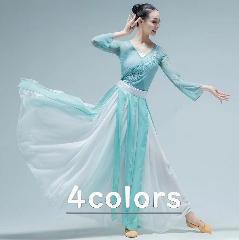レディースダンス衣装 古典ダンス ロング丈スカート 大きい裾 シフォンスカート スプライス モダンダンス 社交ダンス 中華風ダンス衣装 ステージ衣装 練功服 3点セット