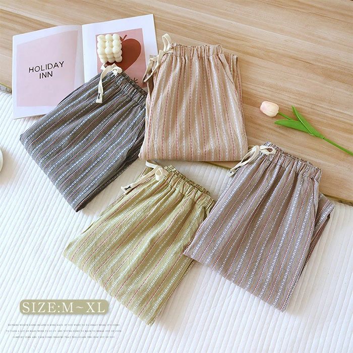 ルームパンツ パンツ 綿100% レディース 春 秋 ストライプ パジャマ レディース パンツ ロングパンツ 単品 部屋着 寝間着 寝巻き ナイトウェア 快適 ...