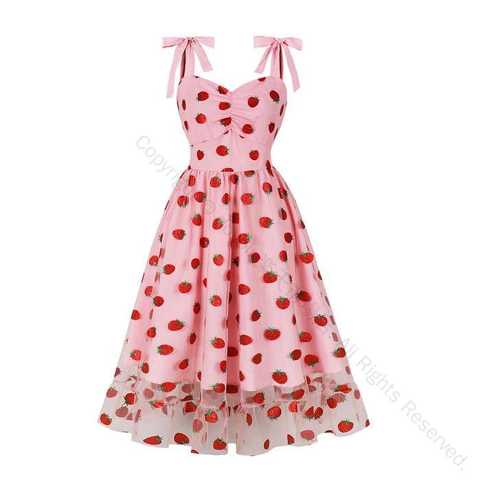 レトロドレス イチゴ柄 可愛い レディースドレス ノースリーブ チュール素材 膝丈ワンピース フランス風 大きい裾 ピンク 普段着 舞台演出用 Aラインレトロワンピース キャミソールタイプ 復古なフランス風ドレス 苺柄 学園祭 ダンスウェア 文化祭 イベント パーティードレス