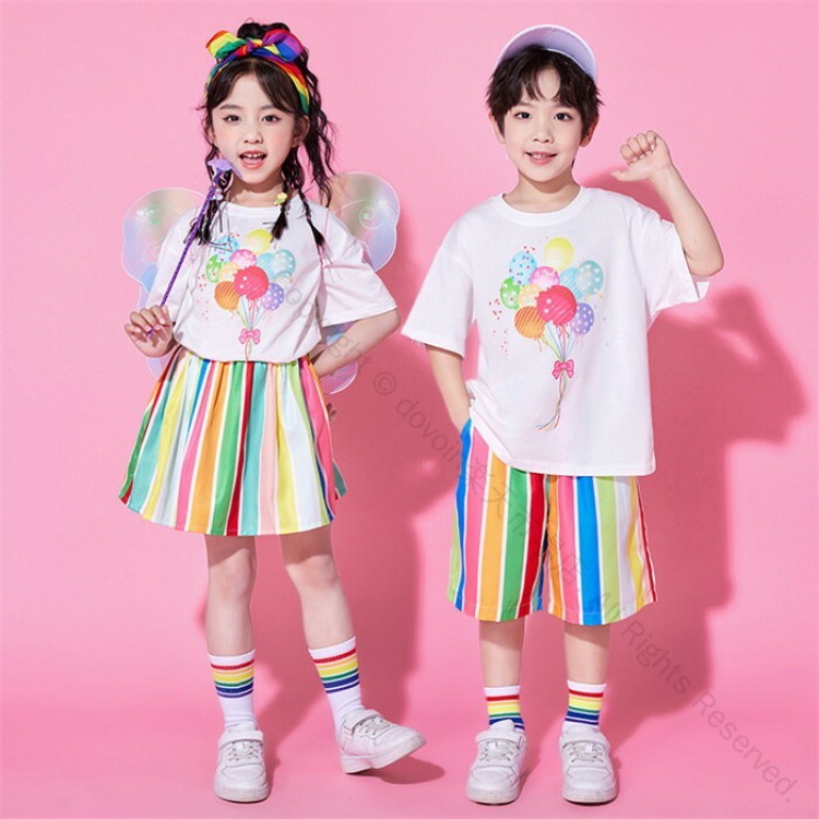 ダンス衣装 子供服 女の子 男の子 キッズ 夏 半袖 パンツセット レインボースカート コスチューム ステージ衣装 ダンスウエア 練習着 舞台衣装 運動会 合唱服 演出服 応援団向けの多用途衣装