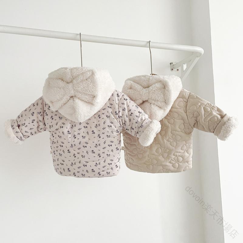 ベビー服 子供用 アウター ジャケット コート 男女兼用 裏起毛 フード付き 新生児 赤ちゃん 防寒着 綿素材 花柄デザイン ベージュ系 柔らかく暖かい冬用