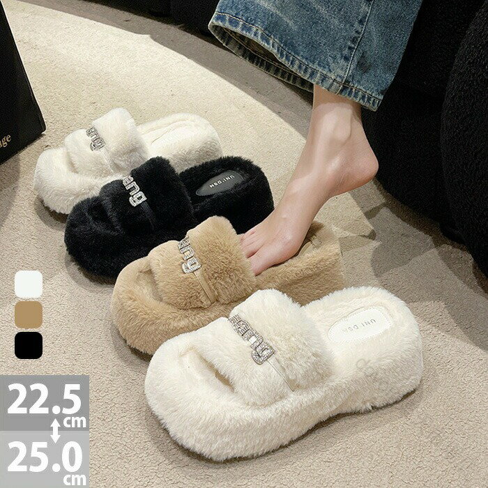 ビジューファーサンダル スクエアトゥ 厚底ソール ベルト付き