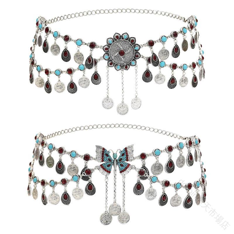 ベリーダンスボディチェーンウエストチェーンシルバーコインタッセルビキニベルトラインストーン装飾華..