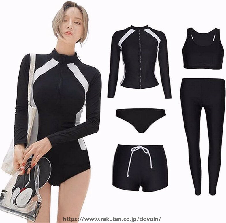 ラッシュガード レディース 5点セット 水着 体型カバー UVカット レギンス 長袖ラッシュガード 前開き セパレート フィットネス スイミング ブラ ショーツ ショートパンツ 女性 ビーチ 水泳 吸汗速乾 水陸両用