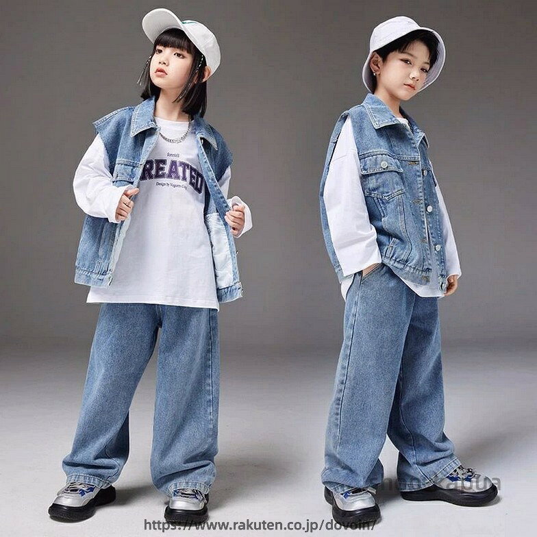 キッズ ダンス衣装 ヒップホップ ステージ衣装 デニムパンツ ホワイトTシャツ セッ...