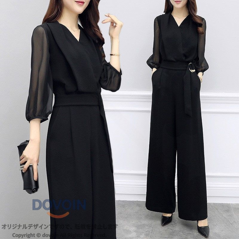 オールインワン レディース ワイドパンツ ロング丈 Vネック パンツドレス シルエット ハイウエスト 体型カバー ママコーデ 大きいサイズ セットアップ風 着痩せ スタイル エレガント 脚