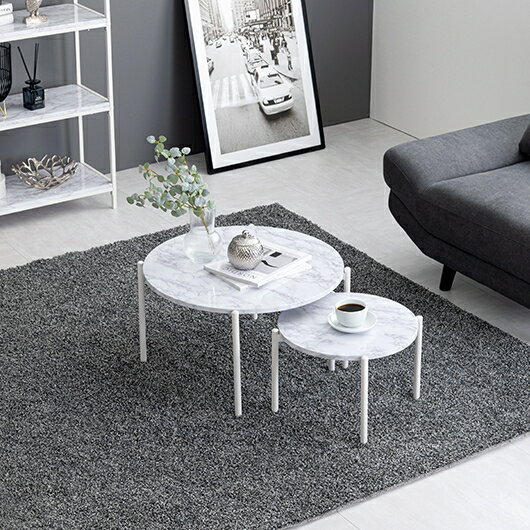 ＼9/10 当店最大P5倍※要エントリー/【メーカー直送】【代引不可】【日時指定不可】【北海道・沖縄・離島不可】萩原 テーブル マーブルホワイト 組立式 2個セット LT-4666MWH