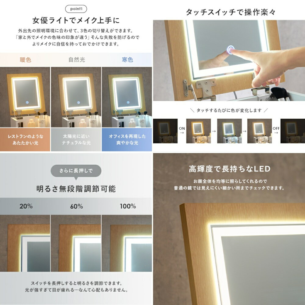 【代引不可】コスメワゴン 大容量 LEDライトつき 萩原 ホワイト MUD-6679WH 【メー...