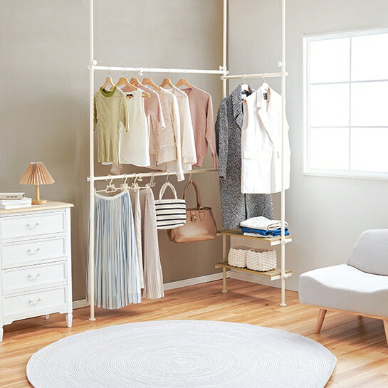 【代引不可】突っ張り伸縮ハンガーラック 萩原 ナチュラル/ホワイト KTR-3141NW 【メーカー直送】【日時指定不可】【北海道・沖縄・離島不可】