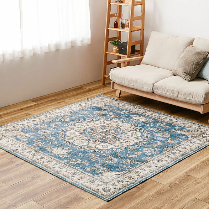 ＼2/10 当店最大P5倍※要エントリー／【代引不可】アンティーク絨毯風プリントラグ カメオ 約190×190cm 萩原 ブルー 240627001 【メーカー直送】【日時指定不可】【北海道・沖縄・離島不可】【KK9N0D18P】