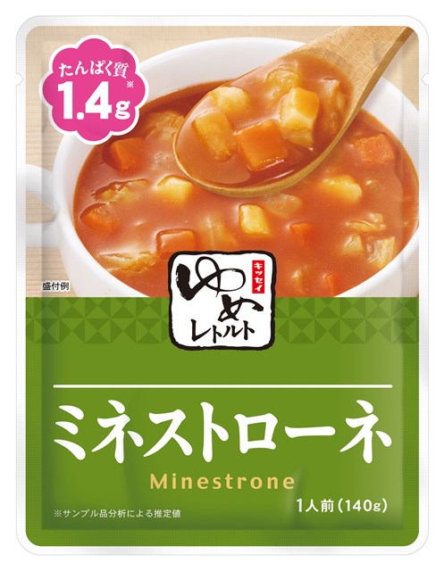 項目 詳細 商品特長 ●食事のおいしさ、楽しさをそのままに、たんぱく質を調整し、塩分、リンを控えたお料理をパックしたレトルト食品です。温めるだけで調理も簡単。 ●トマト、玉ねぎ、人参、じゃが芋などが入った、トマトの旨みと酸味が楽しめるスープ。 ※本品は、消費者庁許可の特別用途食品(病者用食品)ではありません。 内容量 140g x 5個 原材料 野菜(たまねぎ、にんじん、キャベツ、ばれいしょ、セロリ)、ダイストマト、チキンブイヨン、植物油脂、デキストリン、でん粉、チキンエキスパウダー、トマトピューレ、トマトペースト、ポークエキス、ミルポアペースト、香辛料/調味料(アミノ酸等)、酸味料、(一部に小麦・乳成分・大豆・鶏肉・豚肉を含む) 栄養成分 栄養成分値 1食(140g)当たり エネルギー(kcal) 91 水分(g) 121.7 たんぱく質(g) 1.4 脂質(g) 4.6 炭水化物(g) 11.1 カリウム(mg) 181 リン(mg) 27 食塩相当量(g) 1.0 動物性たんぱく質(g) 0.65 動物性たんぱく質比(%) 46.4 メーカー キッセイ薬品工業株式会社 販売者 Dr．ミール　TEL＆FAX：078-332-3970 info@dr-meal.com