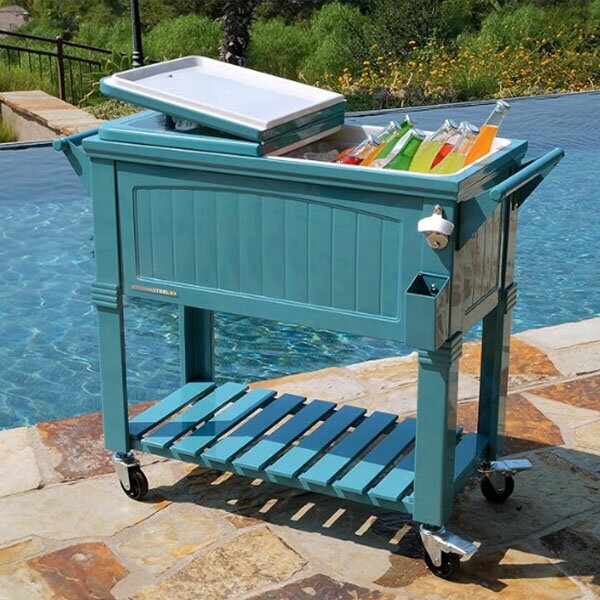 【お取り寄せ】80QT アンティーク パティオ クーラー 飲料クーラー ホイール ハンドル付きローリングクーラ 大容量 Permasteel 80Qt Antique Patio Cooler for Outside | Outdoor Beverage Cooler Bar Cart Rolling Cooler with Wheels and Handles Wooden Teak Accent 80QT