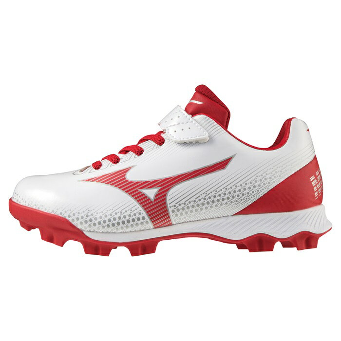 ★軽さに磨きがかかったミズノの原点★【ミズノ　MIZUNO】【シューズ　靴】野球 ジュニア用ポイントスパイク ウエーブライトレボJr. 子供 こども 小学生 11GP222262 ホワイト×レッド [240110]