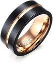 Rockyu アクセサリー タングステン リング メンズ シルバー シンプル 指輪 8MM 平打つ つや消す ヘアライン加工 マッド質感 超硬い 色:Black-Gold
