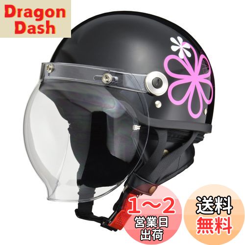 リード工業(LEAD) バイクヘルメット ジェット CROSS バブルシールド付き ブラック フラワー CR-760 - FREE (頭囲 57cm~60cm未満)