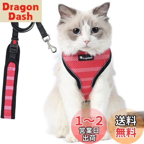 猫 猫用 ハーネス 胴輪 猫具 ねこ ネコ 子猫 子犬 小型犬 散歩 お出かけ 抜けない ベスト ソフト胸あて 軽量 頭を通さずマジックテープで装着 サイズ調節可 夜反射 通気メッシュ (XSサイズ (x 1), スイカレッド)