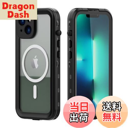 【送料無料】iPhone14 Plus ケース 完全防水 ストラップ付き 全面カバー iPhone14プラス 防水ケース カバー クリア 透明 頑丈 耐衝撃 フェイスID認証 Qi充電対応 液晶画面保護フィルム アウトドア (iPhone14 Plus, 黒)