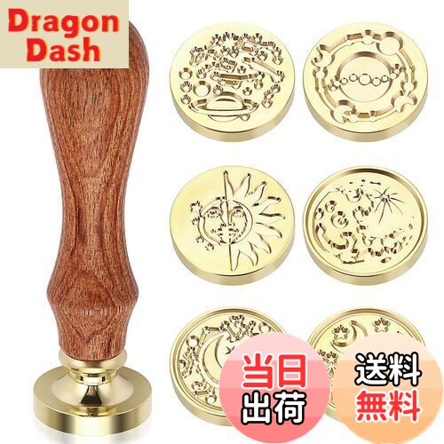 【送料無料】YMJOGGUE シーリングスタンプ 蝋封 スタンプセット 入れ替え銅頭 シーリングワックス シールスタンプ 木製ハンドル 招待状 手紙 切手 封筒 印鑑 告白 メッセージカード レター 封蝋シール スタンプ1本 銅頭6本 (宇宙山川)