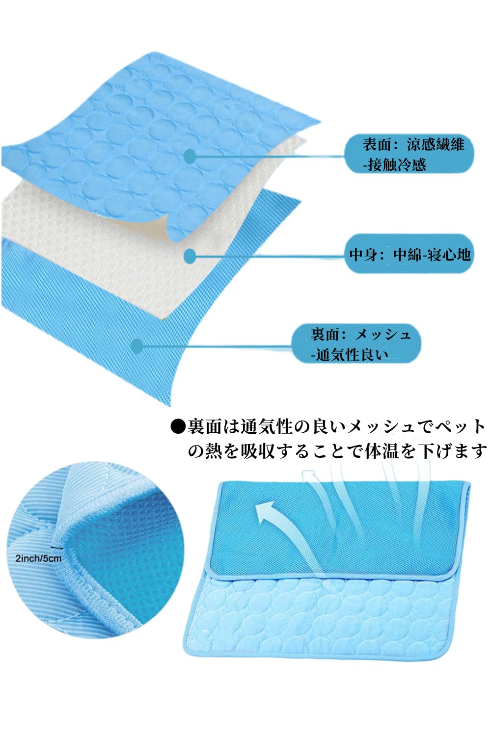 YFFSFDC ペット ひんやりマット 犬 猫 クールマット 40×50cm 夏 ひんやり 冷却 マット 涼しい 熱中症 熱さ対策 接触冷感 犬用 猫用 ベッド グッズ (ブルー)