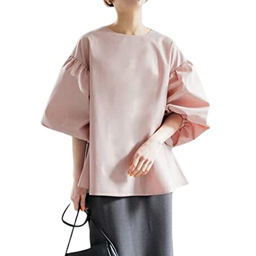 【送料無料】[Guooryvner] グオーリーブナー ブラウス レディース 半袖 夏 トップス パフ袖 夏服 ゆったり 大きいサイズ 七分袖 無地 半袖tシャツ カットソー シャツ オフィス カジュアル 可愛い おしゃれ 上品 丸襟 きれいめ 通勤 体型カバー