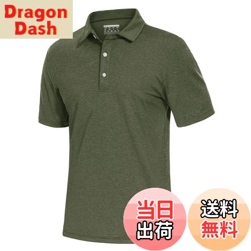 【送料無料】[TACVASEN] ポロシャツ メンズ 半袖 吸汗速乾 通気性 ゴルフウェア ストレッチ ボタン付 通勤 ランニング 襟付き 無地 スポーツ カジュアル ポリエステル 色：アーミーグリーン、サイズ：L