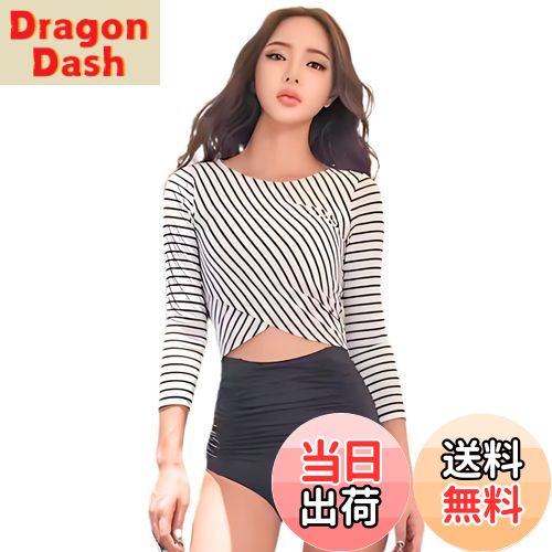 【送料無料】[SwimStar] レディース 水着 体型カバー ビキニ セパレート 2点セット 水着 長袖 UVカット ハイウエスト ストライプ柄 大人可愛い きれいめ 韓国 泳衣 温泉 海水浴 スイムウェア 色：ボーダー柄、サイズ：M