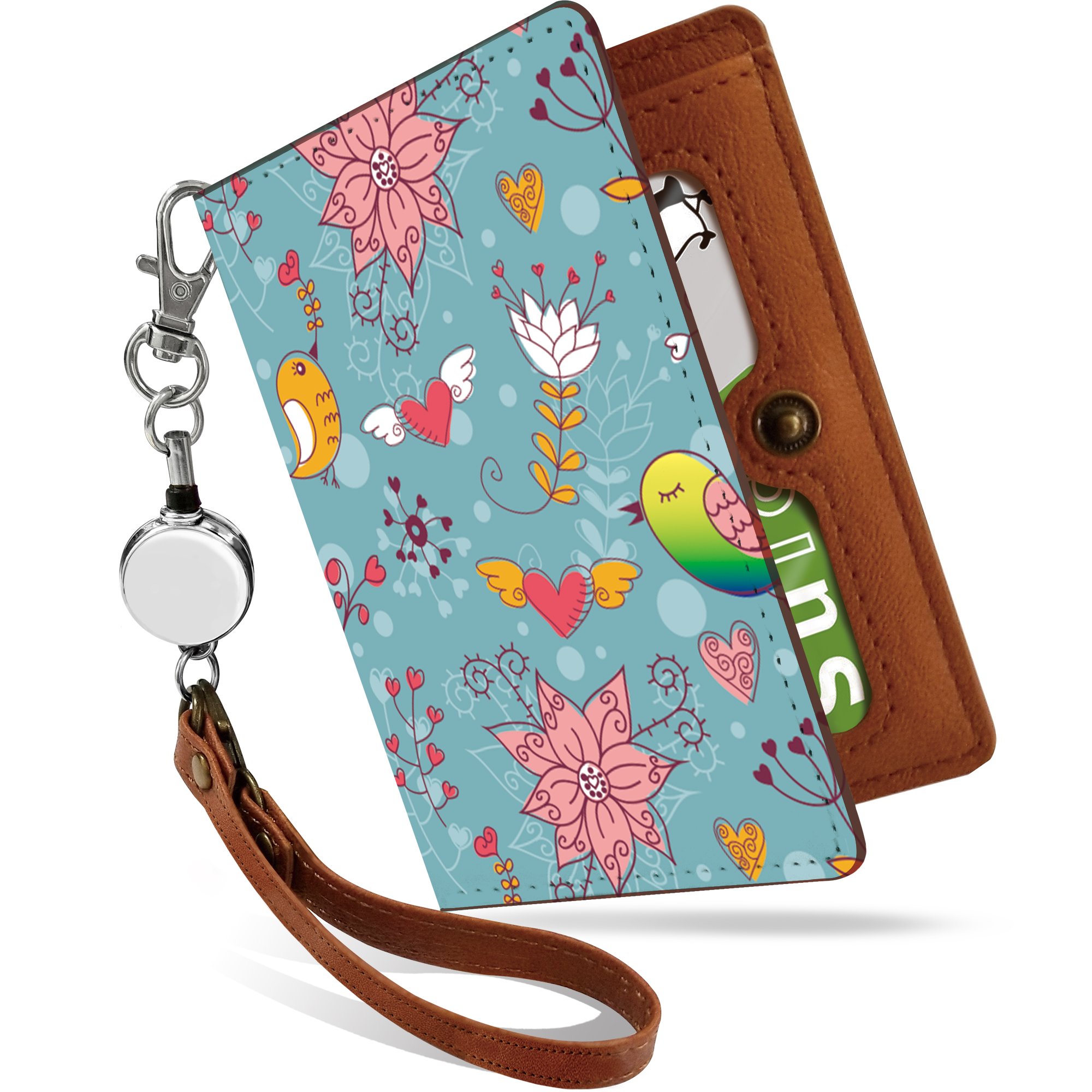 【送料無料】[Pretimo] 北欧柄 ほくおう 花柄 花 鳥 トリ ハート 二つ折り リールストラップ付 パスケース 色：北欧 花 インコ 青、サイズ：リール付きパスケース