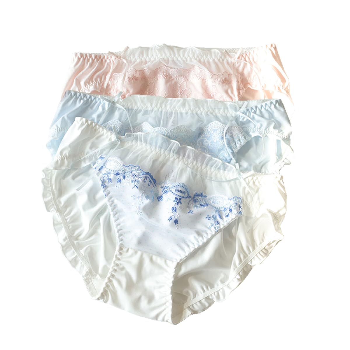 【送料無料】[LIUXU] パンティー サテン下着セット 人造シルク生地パンツ 女性 ショーツ パンティー レース 大きいサイズ かわいい 通気性 レギュラー レディース ショーツ 3枚 色：ホワイト&ピンク&ブルー、サイズ：M